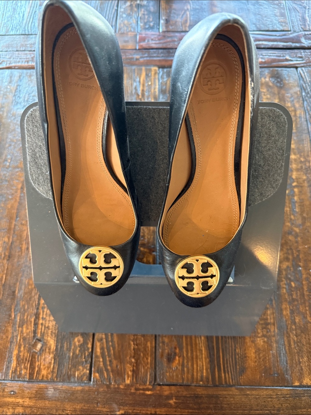 Tory Burch Black Leather Wedges with Gold Logo Medallion